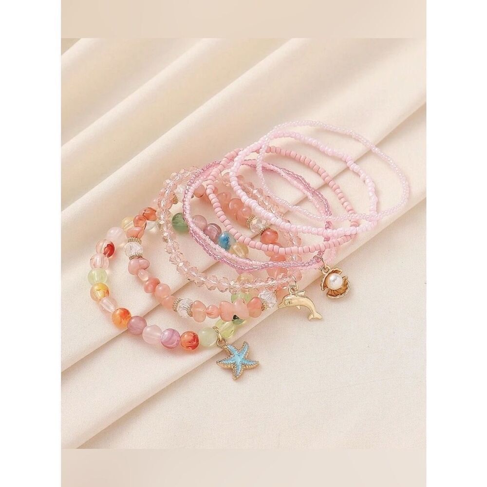 Pink Beaded Charm Bracelet Stack set A1668